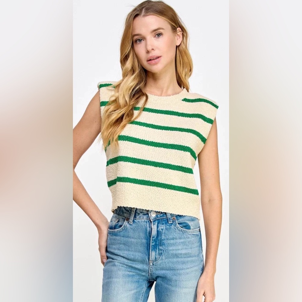 Chic Striped Sweater Crop Top in Green and Cream
